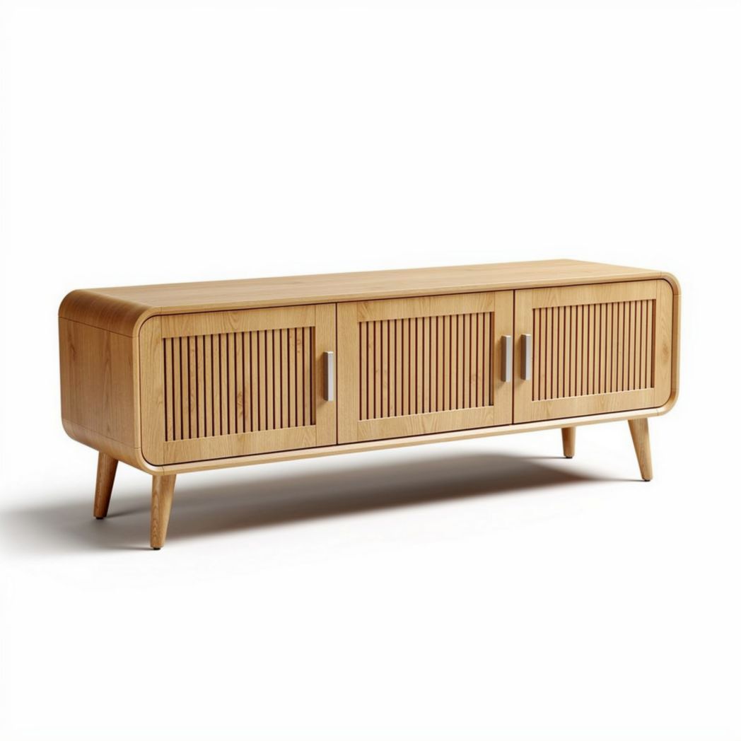 Szafka RTV w kolorze naturalnego drewna o wymiarach 150 x 40 x 50cm z trzema drzwiami i nogami w stylu skandynawskim